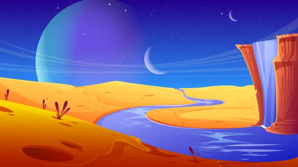 Інопланетна Планета Водоспадом Пустелею Векторна Мультяшна Ілюстрація Піщаного Пейзажу Вода — стоковий вектор