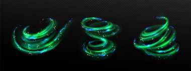 Abstract green swirls set with blue lightning discharges png isolated on transparent background. Realistic vector illustration of spiral vortex with neon sparkles. Magic power effect, design element
