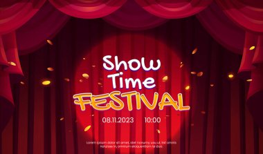 Show or festival announcement banner template. Vector cartoon illustration of closed red drapery curtains on theater or concert hall stage, golden confetti flying in air, text illuminated by spotlight clipart