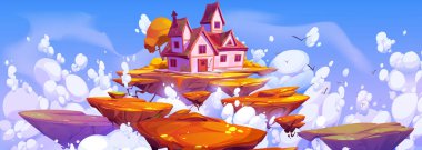 Fantasy house floating on island in blue sky with fluffy white clouds. Vector cartoon illustration of flying land platforms with autumn landscape, rural cottage with red roof, yellow trees and grass