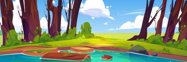 Nature scene with lake. Summer landscape with green trees, grass, bushes, pond and wooden log in water. Fields, river coast and clouds in sky, vector cartoon illustration