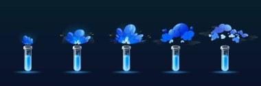 Potion bottle with puff cloud animation set isolated on background. Vector cartoon illustration of glass flasks or test tube with magic blue elixir, explosion or evaporation gas effect