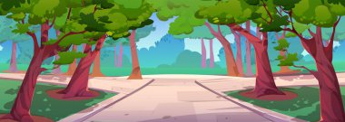 Summer scenery, city park landscape with green trees and grass, white stone walkway. Public empty sunny garden with plants and paths, vector cartoon illustration