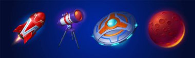 Space set with rocket, telescope, alien spaceship and planet. Concept of astronomy, cosmic technology, galaxy exploration with shuttle, ufo and Mars, vector cartoon illustration
