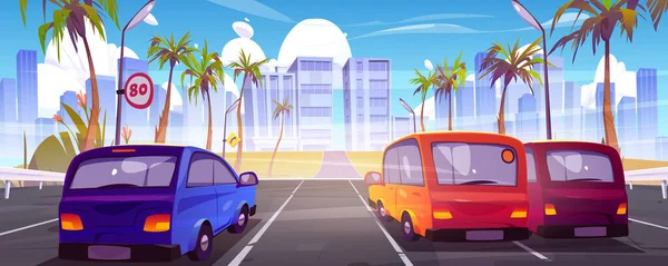 Cars Road Tropical Summer City Cartoon Vector Illustration Autos Driving — Stockový vektor