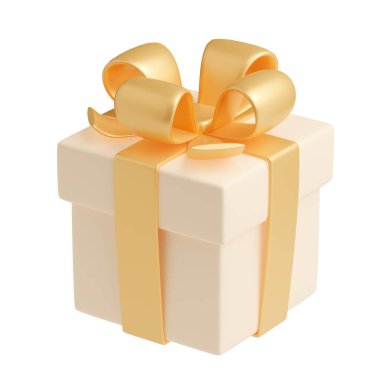 3 boyutlu hediye paketi ve altın kurdele. Arka planda parlak fiyonklu izole krem rengi bej paket. Bayram sürprizi, doğum günü hediyesi, Noel ya da düğün hediyesi. Gerçekçi illüstrasyon açısı görünümü.