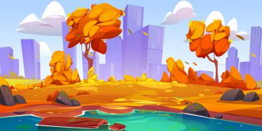 Autumn park with lake in big city. Cartoon vector illustration, beautiful public garden fall landscape with river, orange grass and trees, modern building silhouettes in background under clear blue