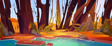 Nature autumn forest scene with lake. Fall landscape with orange trees, grass, bushes, pond and wooden log in water. River or flowing stream coast, vector cartoon illustration