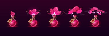 Love potion bottle with puff cloud animation set isolated on background. Vector cartoon illustration of glass flasks with magic pink elixir, explosion or evaporation gas effect, red heart on label