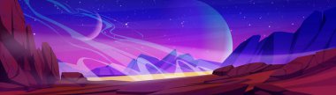 Alien planet landscape and space with moon and stars. Fantasy game scene with planet surface with mountains, fog and starry sky at night, vector cartoon illustration