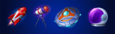 Cartoon set of space objects isolated on background. Vector illustration of colorful flying rocket with fire trail, astronomy telescope, alien UFO and astronaut helmet icons. Cosmos exploration