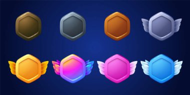 Game badges, buttons in hexagon frame with wings. Game medals, metal, golden, bronze, silver and gradient colored emblems, vector cartoon set isolated on background