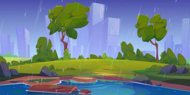 Summer rainy park with lake in big city. Cartoon vector illustration of beautiful public garden landscape with river, green grass and trees, modern building silhouettes in background under blue sky