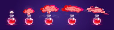 Bottle with potion, magic elixir or poison and smoke cloud. Sprite sheet of red vapour from glass bottle with witch or alchemist potion, vector cartoon animation set