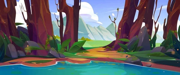 Mountain valley scene with lake and floating log. Nature panorama, summer landscape with river, meadows with green grass and stones, hills and rocks on horizon, vector cartoon illustration