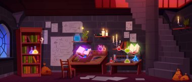 Witch or wizard alchemical laboratory with magic books and potions with mystic glow at night. Alchemist lab interior with wooden furniture and stone spiral staircase, vector cartoon illustration
