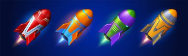 Launch spaceships, rockets to outer space. Concept of business startup, idea, futuristic technology. Set of flying shuttles with fire, vector cartoon illustration