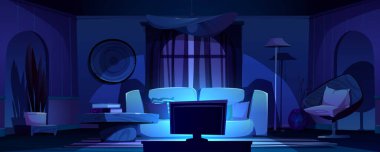 Night living room interior with tv and furniture. Vector cartoon illustration of boho style home with sofa, armchair, lamp, potted plant, books on table, carpet on floor, French window with curtains