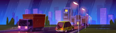 Night city traffic in rainy weather. Vector cartoon illustration of cars and trucks driving on dark road illuminated with street lamps, cityscape background with high-rise buildings under rainfall