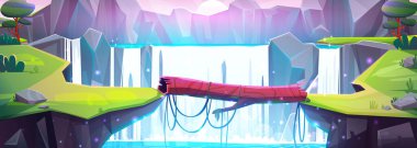 Log bridge across river between cliffs wirth waterfall. Vector cartoon illustration of rocky mountain landscape with green grass and trees. Beautiful nature background for adventure and travel game