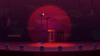 Stand up stage with mic and stool. Comedy show, music contest, karaoke concept with empty scene with microphone, chair and brick wall, vector cartoon illustration clipart