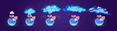 Bottle with blue magic potion and smoke for game animation. Sprite sheet of vapour cloud from glass jar with elixir or poison, vector cartoon illustration isolated on background