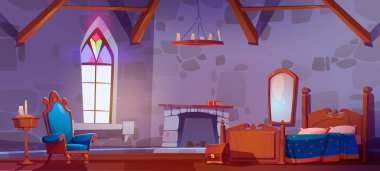 Medieval castle bedroom interior design with furniture. Vector cartoon illustration of ancient room with stone walls, antique wooden bed, armchair, mirror, chest, table with candles and fireplace