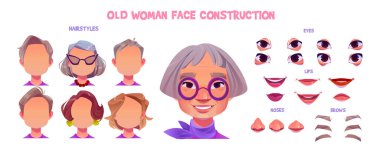 Old asian woman character, senior person face construction set. Chinese grandmother, elderly lady avatar generator with different hairstyles and face parts, vector cartoon illustration
