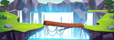 Log bridge across river between cliffs wirth waterfall. Vector cartoon illustration of rocky mountain landscape with green grass and trees. Beautiful nature background for adventure and travel game