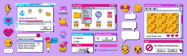 Retro computer screen interface, windows frames, dialog messages, buttons, file system, icons and smiles. Old PC graphic interface in y2k style, vector cartoon illustration