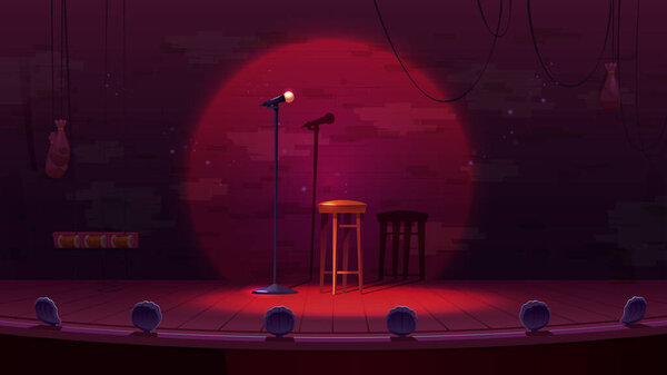 Stand up stage with mic and stool. Comedy show, music contest, karaoke concept with empty scene with microphone, chair and brick wall, vector cartoon illustration