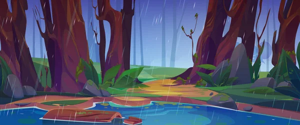 Nature rainy scene with lake. Summer landscape with green trees, grass, bushes, pond and wooden log in water. Glade, river coast under raindrops, vector cartoon illustration