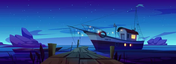 Рыбацкие Лодки Пирсе Озере Реке Морской Гавани Летний Ночной Пейзаж — стоковый вектор