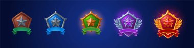 Cartoon set of game badges of different rank isolated on dark blue background. Vector illustration of pentagon medals with star, wooden, stone, golden, silver metal textures. Collection of level award