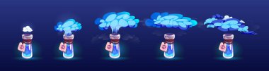 Bottle with blue magic potion and smoke for game animation. Sprite sheet of vapour cloud from glass jar with elixir or poison, label with skull, vector cartoon illustration isolated on background