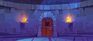 Castle dungeon with old wooden door. Vector cartoon illustration of medieval building stone wall, locked prison entrance illuminated with torch fire at night. Fortress tower facade for game background