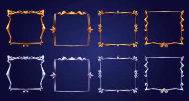 Empty square silver and gold frames in medieval style for game ui design. Vector cartoon set of user interface elements with metal flourish thin border with gems isolated on background