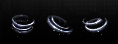 Cold winter light effect, swirl bright twinkle line. Wind vortex blow with white particles, blizzard trail isolated on transparent background. Fresh freezing flow, Realistic 3d vector illustration