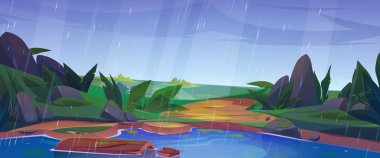 Rainy day landscape with lake water with floating log. Nature scene with green field, river or pond shore with stones, falling rain drops, vector magic cartoon illustration