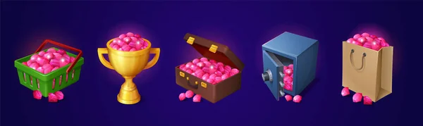 Piles Pink Gemstones Bag Gold Cup Deposit Box Suitcase Game — Stock vektor