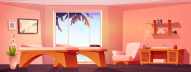 Spa salon interior with massage table. Empty massage cabinet with equipment for body therapy, beauty care, relax. Modern spa salon interior with big window, vector cartoon illustration