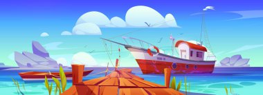 Fishing boats at pier in lake, river or sea harbor. Summer landscape with dock with boardwalk, wooden boat and fishery ship and stones in water, vector cartoon illustration clipart