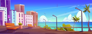 City street with buildings and embankment. Urban landscape of tropical seafront with benches, lanterns, fence and palm trees. Town houses and promenade, vector cartoon illustration