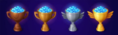 Set of winner trophy cups full of diamond crystals isolated on background. Vector cartoon illustration of game level award goblets made of wood, gold, silver, bronze metal. Game rank props design