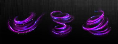Electric swirl lines, neon light effect. Abstract magic energy waves. Purple glowing trails with lightnings, sparkles and blur isolated on transparent background, vector realistic set