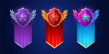 Set of military game rank badges isolated on background. Vector cartoon illustration of shiny metal buttons decorated with star insignia, precious gemstones, wings, flag. Army ranking symbols for gui
