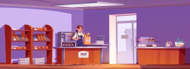 Young saleswoman packing fresh bread in paper bag for bakery shop customer. Vector cartoon illustration of confectionery with muffins, cakes, baked buns on showcase shelves and in oven. Small business