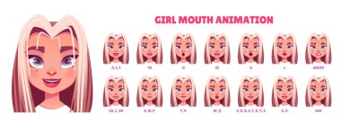 Blonde teen girl mouth animation set isolated on white background. Lip sync collection. Vector cartoon illustration of female teenager pronouncing different sounds, angry and sad face expressions
