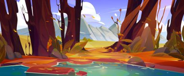 Mountain autumn forest valley scene with lake. Nature panorama, fall landscape with river, meadows with orange grass and stone peaks, hills and rocks on horizon, vector cartoon illustration