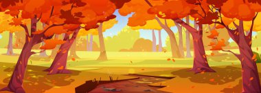 Sunny autumn forest, park nature landscape. Cartoon fall wood background with yellow grass under orange trees with falling leaves, brown sandy path. Vector illustration